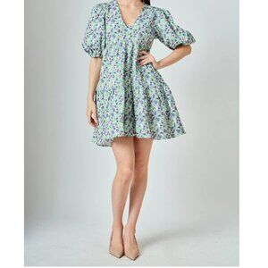 ENGLISH FACTORY Women's Floral Puff Sleeve Jacquard Dress